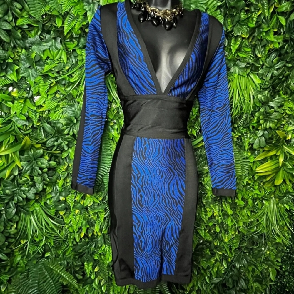 Wow couture gold label blue zebra print bodycon bandage dress.